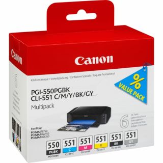 6496B005 / PGI-550/CLI-551 - cartouches de marque Canon - multipack 6 couleurs : noire, cyan, magenta, jaune, grise