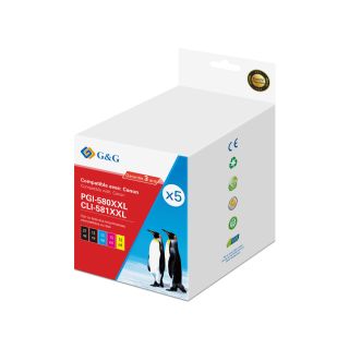 2024C006 / PGI-580 CLI-581 - cartouches qualité premium compatible Canon - multipack 5 couleurs : noire, cyan, magenta, jaune