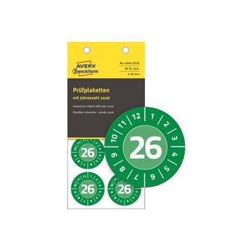 AVERY Zweckform Prüfplaketten, 2026, NoPeel, grün, 20 mm